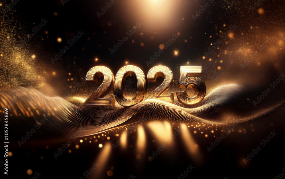 Poster A black background with sparkling gold dust and a shimmering gold 3D rendering of the year 2025.