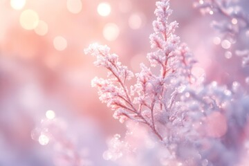 Fototapeta premium Delicate pink and white snowflakes create a soft, dreamy atmosphere with enchanting bokeh lights in the background