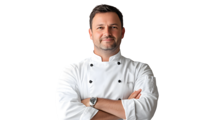 Portrait of a Chef in a Hotel Kitchen on White Background,