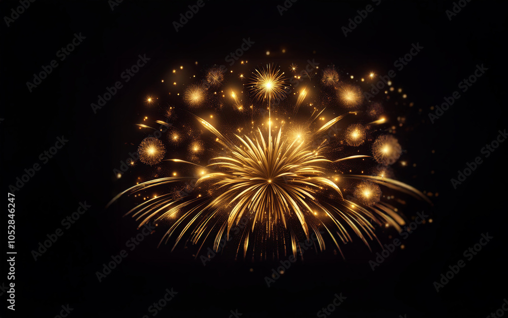 Poster a golden firework burst against a black background with sparkling trails and small glowing orbs.