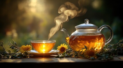 Steaming Teapot and Cup with Sunbeams and Flowers on a Wooden Table