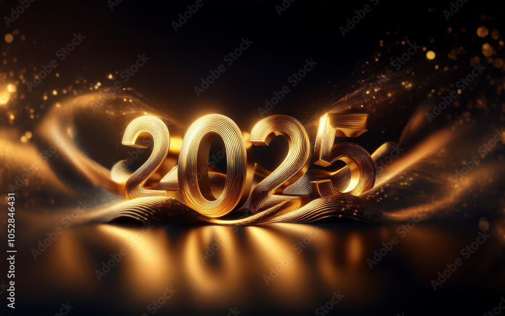 Poster Golden 2025 digits are illuminated against a black background with shimmering particles and light streaks.