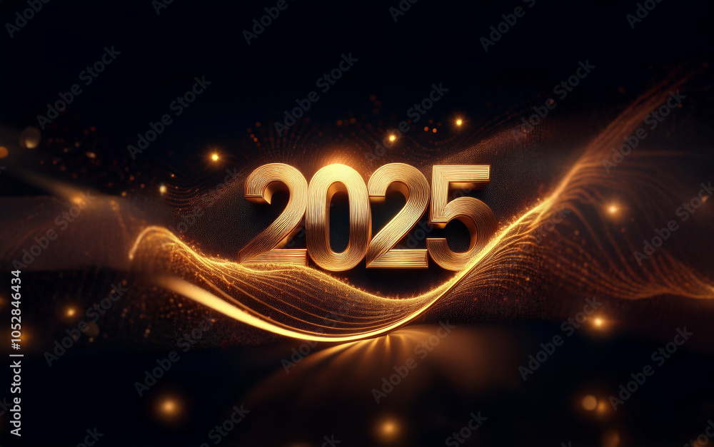 Poster the year 2025 is rendered in bold gold against a dark background with shimmering golden waves.