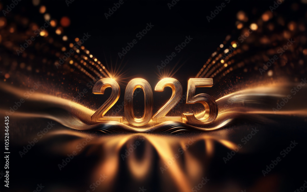 Poster the year 2025 is represented in bold, golden numerals against a black background with shimmering lig