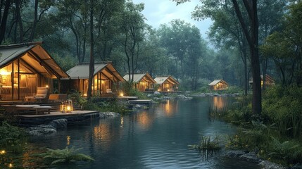 Fototapeta premium Serene glamping site by a tranquil river surrounded by trees.