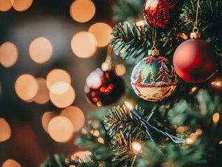 Close-up of American Christmas ornaments with traditional folk designs on a Christmas tree