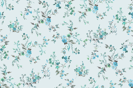 Liberty floral pattern with cute little flowers in blue background, pattern for textile and decoration.