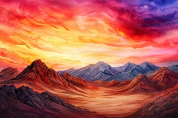 Naklejka premium Vivid Orange and Red Watercolor Mountain Landscape