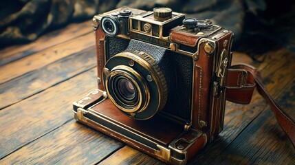 Vintage camera with a leather strap on a wooden background.