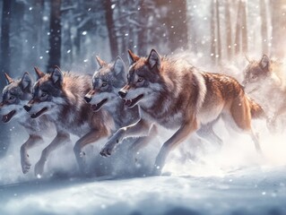 Naklejka premium A pack of wolves running through a snowy forest, their breath visible in the cold air as they move in perfect synchronization.