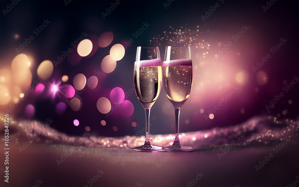 Poster two champagne flutes filled with sparkling wine, with a blurry background of twinkling lights.