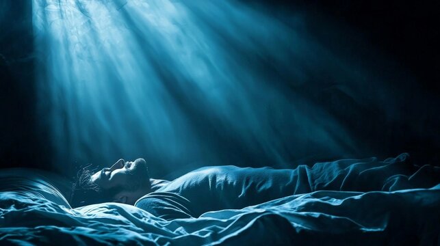 Sleep Paralysis experience illuminated by soft, clear lighting, showing a person lying in bed, wide awake, struggling with sleep paralysis