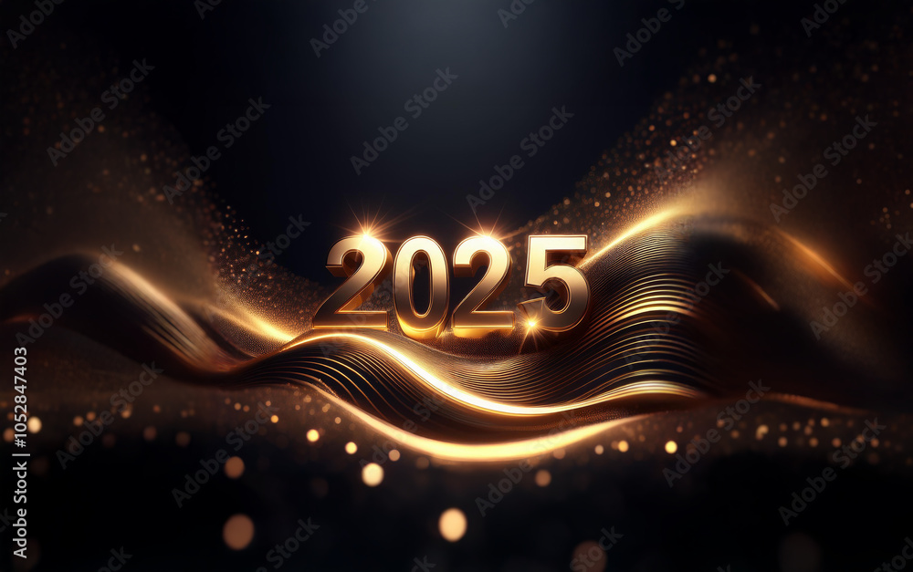 Poster a golden 2025 stands out against a dark background with flowing gold lines and sparkling lights.