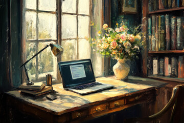 Rustic Cozy Home Office with Laptop on Wooden Desk and Bookshelf in Oil Paint