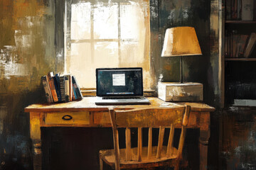 Home Office for Remote Work with Laptop, Books, and Lamp in Oil Paint