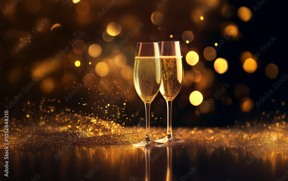 Poster Two champagne flutes filled with sparkling wine sit on a table with gold glitter and bokeh lights in the background.