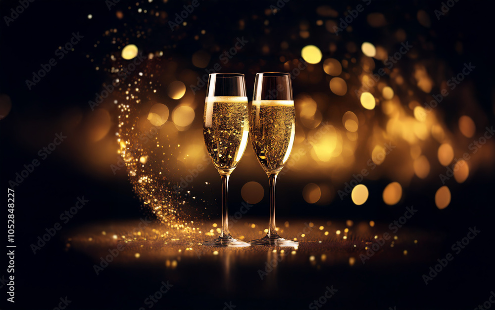 Leinwandbilder two champagne flutes filled with bubbly sparkling wine sit on a dark surface with a golden glow and 