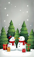 A snowman, deer, and Christmas tree in the forest, Christmas card design, watercolor illustration style
