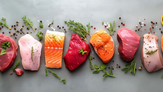 Colorful arrangement of various protein sources including beef, chicken, salmon, tuna, and turkey, seasoned with herbs and spices, embodying the principles of keto, protein, and low carb diets