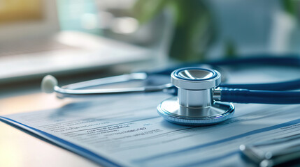 Close-up of a stethoscope on medical documents