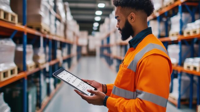 Employee checking inventory list on tablet, streamlined warehouse workflow