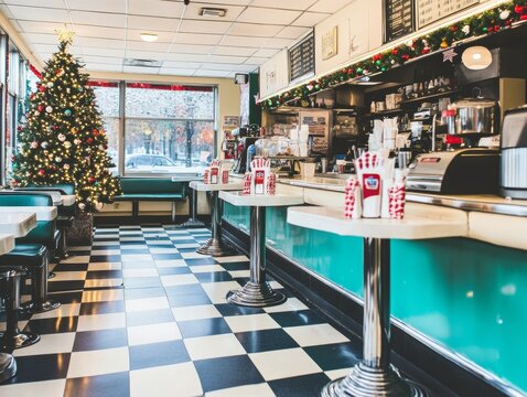 Cozy American diner with holiday lights and a Christmas tree by the window