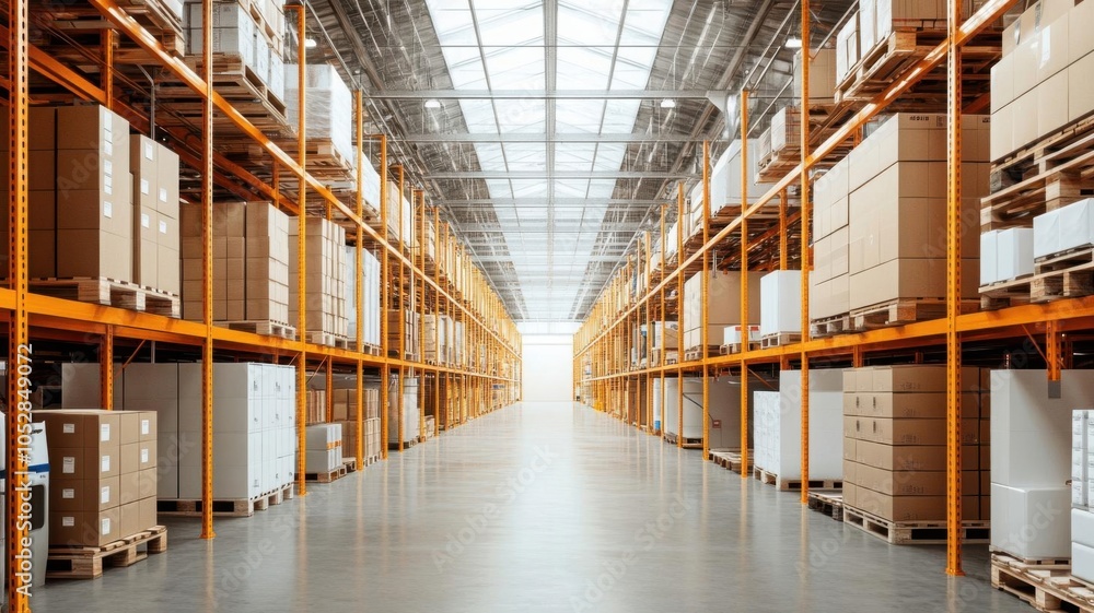 Wall mural warehouse interior with skylights, bright and spacious, clean logistics environment