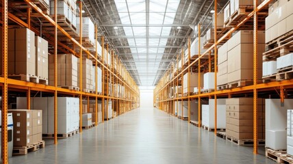Warehouse interior with skylights, bright and spacious, clean logistics environment