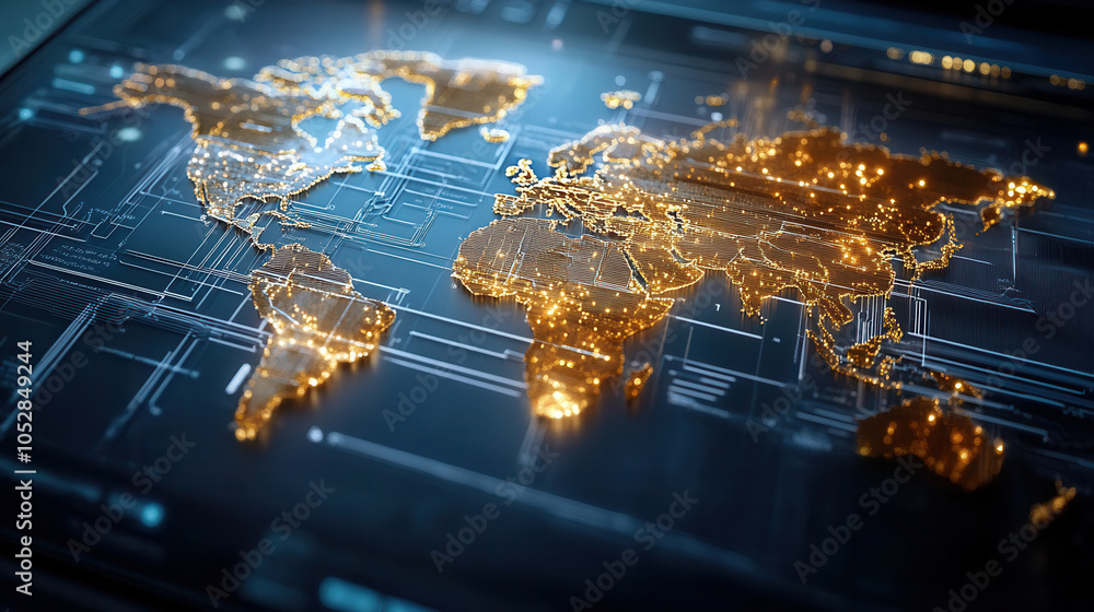 Poster digital map of world illuminated with glowing lines and points, showcasing modern and technological 