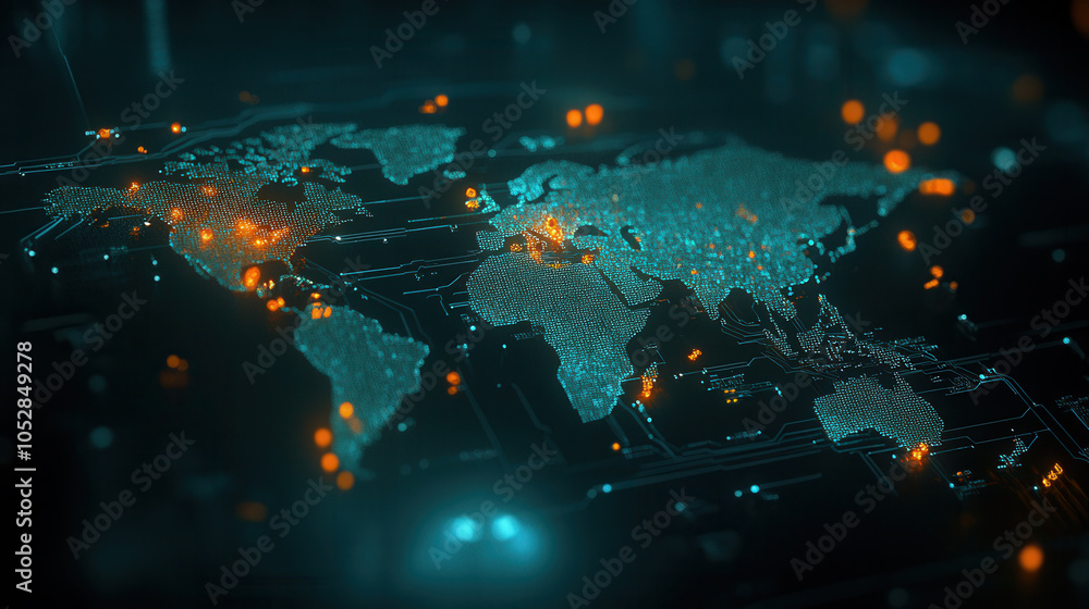 Poster digital map of world illuminated with glowing orange markers, showcasing various locations and conne