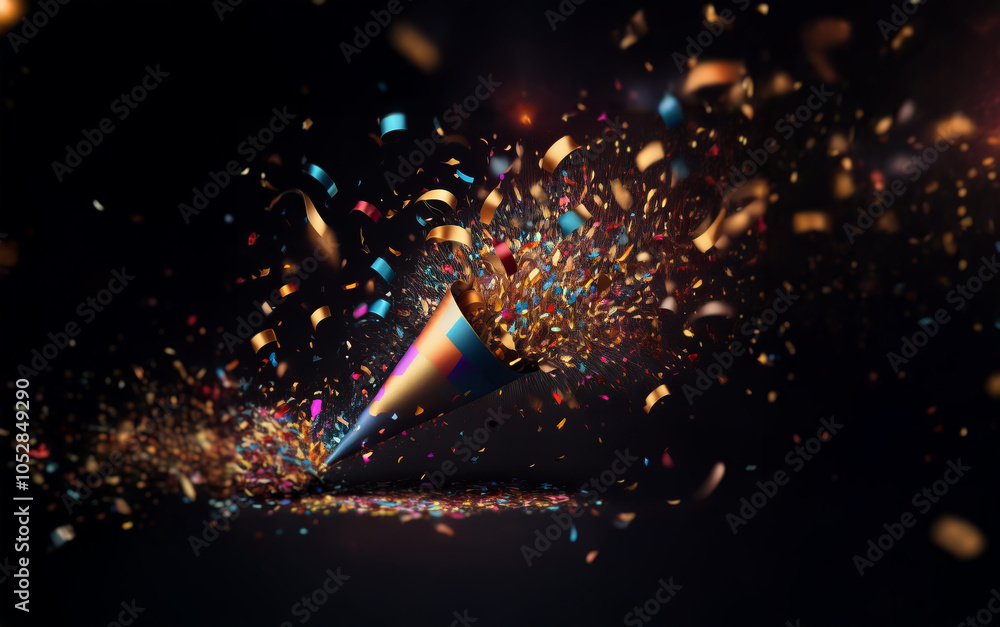 Poster a party popper explodes, sending a burst of colorful confetti into the air against a dark background