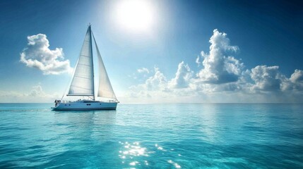 Fototapeta premium A luxury yacht gracefully sails across calm blue ocean waters under a radiant sun, creating a serene atmosphere on a clear day