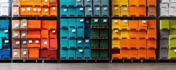 Fototapeta premium Warehouse with stacks of colorful boxes, neat and efficient, wellorganized stock