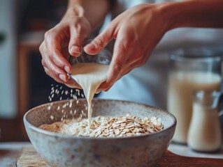 A person making homemade oat milk, blending oats and water to create a creamy, plant-based milk alternative.