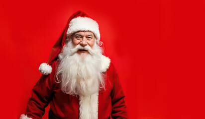 Naklejka premium portrait of a cheerful old man Santa Claus on the Christmas red background