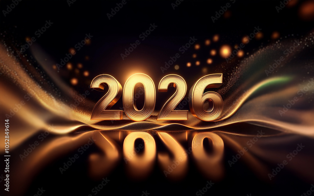 Poster a golden 2026 in 3d sits in front of shimmering waves of light against a black background.