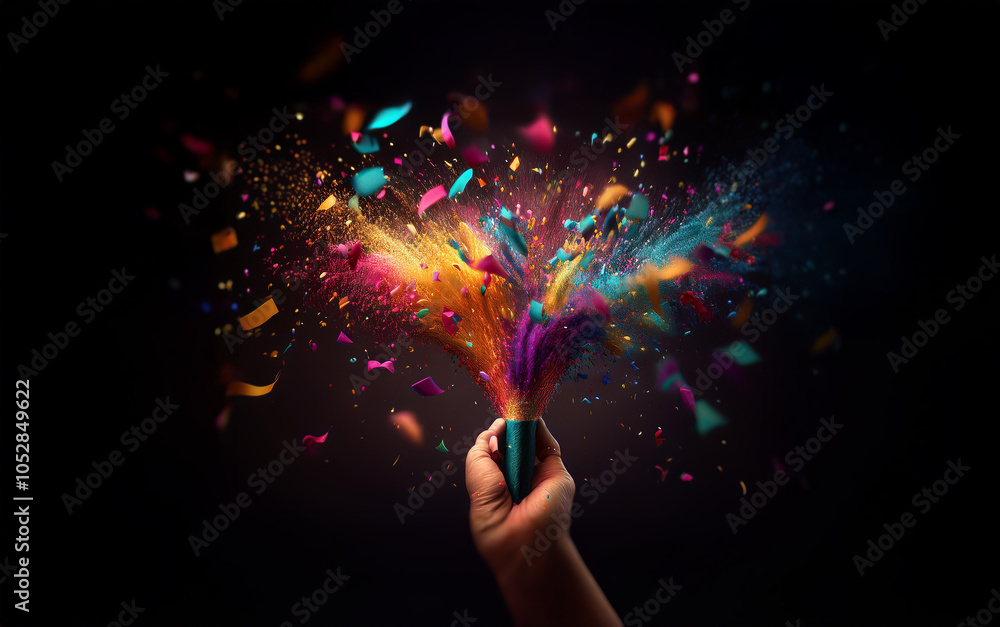 Aufkleber A hand holds a colorful party popper as it explodes in a burst of confetti and streamers.