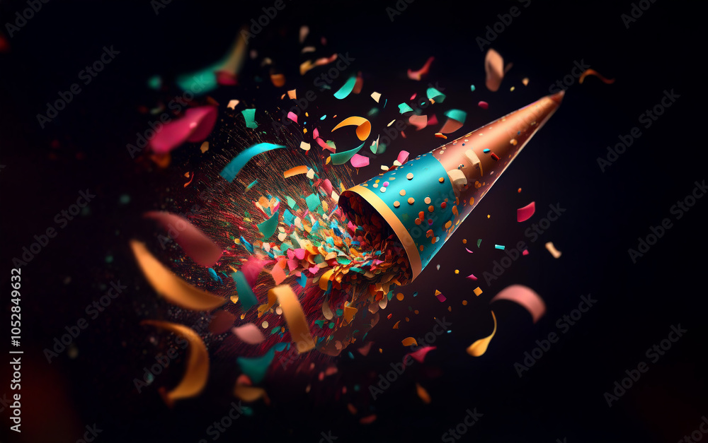 Poster a party hat explodes, sending a burst of colorful confetti into the air.