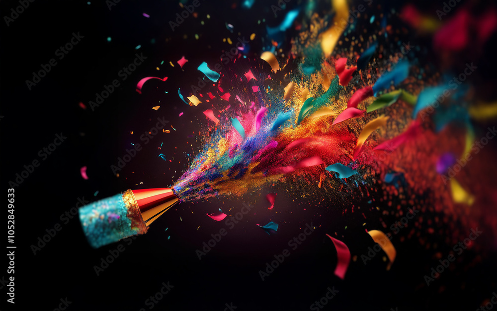 Poster A party popper explodes with colorful confetti and streamers against a black background.