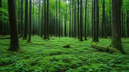 Obraz premium Lush Green Forest Floor with Tall Trees