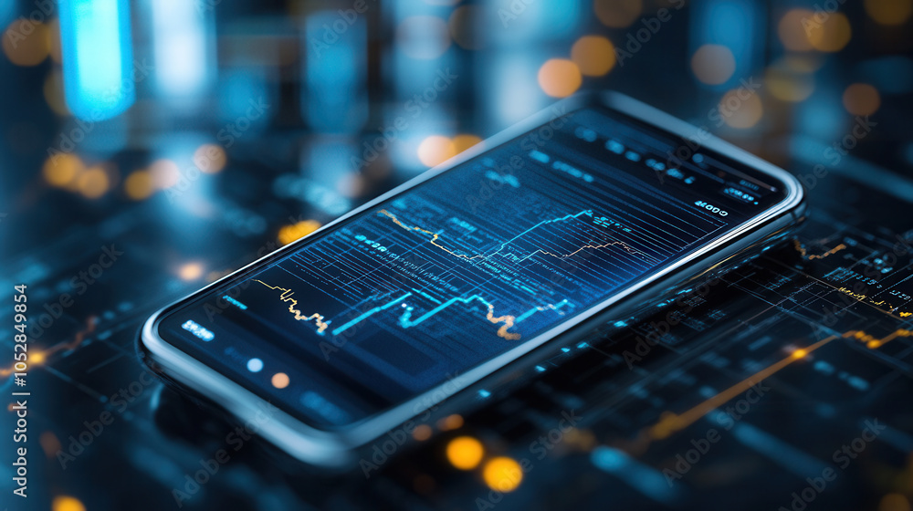 Poster smartphone displaying futuristic trading app with financial graphs and data. vibrant colors and intr