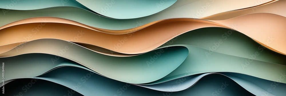Poster abstract paper art, a pattern of curved shapes in muted tones, creating an elegant and sophisticated