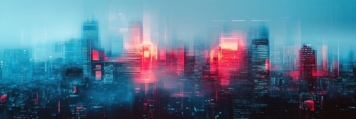 Obraz premium Abstract digital glitch art featuring vertical lines of distorted cityscape, with a color scheme of teal and red, creating an eerie urban atmosphere