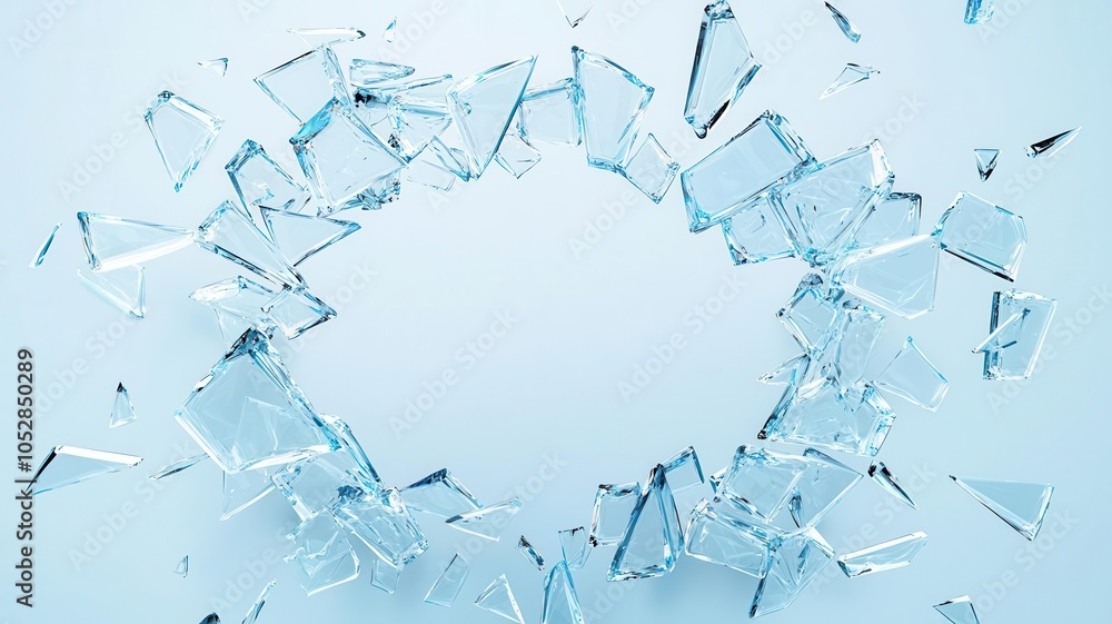 Poster a circular arrangement of shattered glass pieces against a light background, creating a striking vis