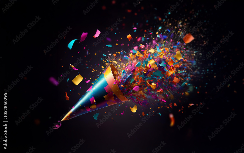 Poster a party hat explodes, sending a burst of colorful confetti into the air.