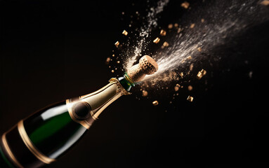 A champagne bottle is popping, spewing a spray of bubbly and cork pieces against a dark background.
