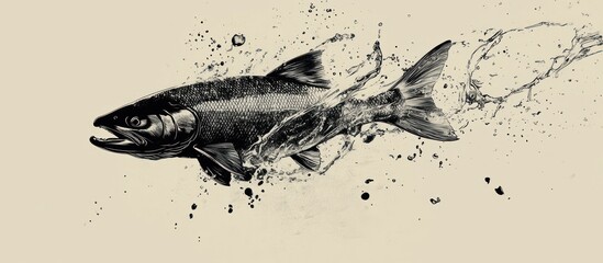 Fototapeta premium A black and white illustration of a salmon leaping through the water, with water droplets and splashes around it.