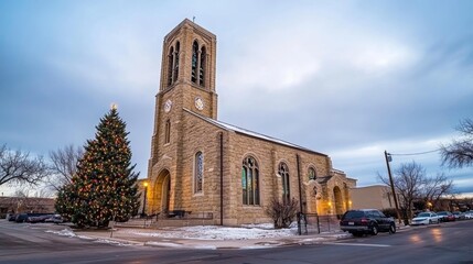 Obraz premium Evening shot of a snow-covered American church with a Christmas tree outside