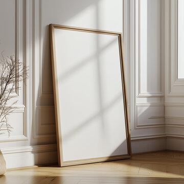 empty elegant french decor style room with lighting through window and plant on wooden floor empty frame for etsy store print art