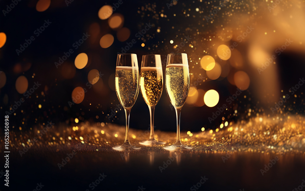 Poster three champagne flutes filled with sparkling wine stand on a glittery surface with a bokeh backgroun